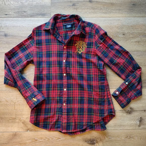 Ralph Lauren Sport Women's Tartan Plaid Preppy Wool Cotton Blend Shirt Red 14 - Picture 8 of 12